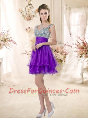 Best Straps Short Purple Sexy Prom Dresses with Sequins