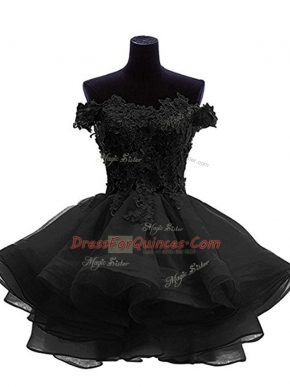Fashion Black Organza Zipper Off The Shoulder Sleeveless Mini Length Prom Party Dress Beading and Lace and Appliques and Ruffles