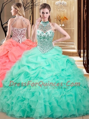 Halter Top Apple Green Lace Up Ball Gown Prom Dress Beading and Ruffles and Pick Ups Sleeveless Floor Length