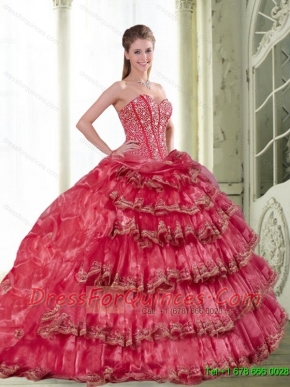 2015 New Styles Coral Red Dress for Quinceanera with Pick Ups and Ruffled Layers