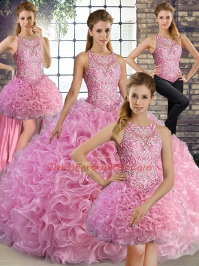 Glittering Floor Length Rose Pink Sweet 16 Quinceanera Dress Scoop Sleeveless Lace Up