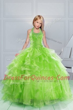 Ideal Halter Top Sleeveless Organza Girls Pageant Dresses Beading and Ruching Lace Up