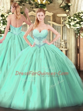 Amazing Turquoise Tulle Lace Up Sweetheart Sleeveless Floor Length Ball Gown Prom Dress Beading