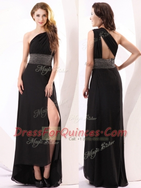 Fantastic One Shoulder Black Sleeveless Floor Length Beading Backless Prom Evening Gown