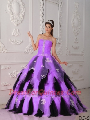 Lilac and Black A-Line 15th Birthday Dresses with Strapless Organza Appliques