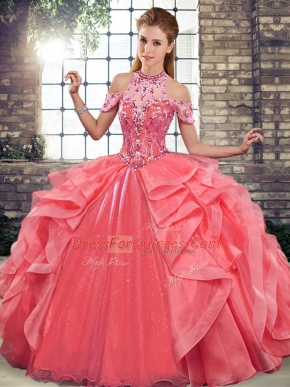 Romantic Watermelon Red Lace Up Quince Ball Gowns Beading and Ruffles Sleeveless Floor Length