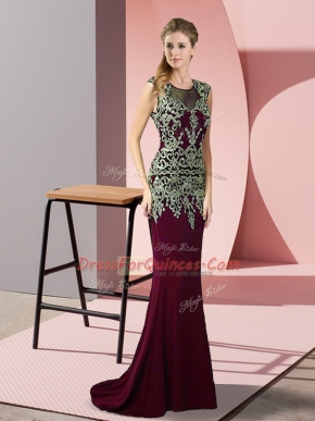 Captivating Burgundy Column/Sheath Scoop Sleeveless Satin Sweep Train Zipper Appliques Prom Evening Gown