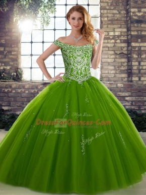 Olive Green Lace Up Sweet 16 Quinceanera Dress Beading Sleeveless Floor Length