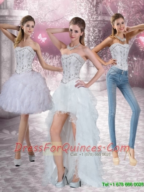 Detachable New Style Strapless White Prom Dresses with Ruffles and