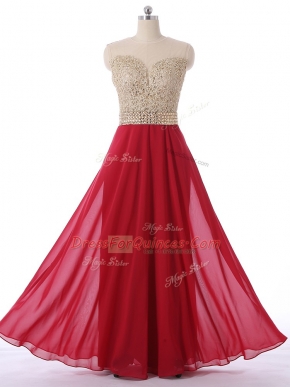 Pretty Empire Quinceanera Court of Honor Dress Red Scoop Chiffon Sleeveless Floor Length Zipper
