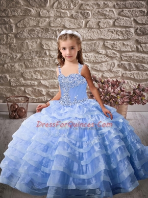 Blue Ball Gowns Beading and Ruffled Layers Kids Formal Wear Lace Up Organza Sleeveless
