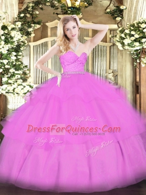 Ideal Lilac Ball Gowns Beading and Lace and Ruffled Layers Sweet 16 Dress Zipper Tulle Sleeveless Floor Length