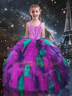 Fuchsia Tulle Lace Up Straps Sleeveless Floor Length Little Girls Pageant Dress Wholesale Beading and Ruffles