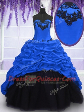 Colorful Royal Blue Lace Up Sweetheart Appliques and Pick Ups 15th Birthday Dress Taffeta Sleeveless Sweep Train