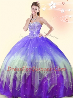 Sleeveless Floor Length Beading Lace Up Quinceanera Dress with Multi-color