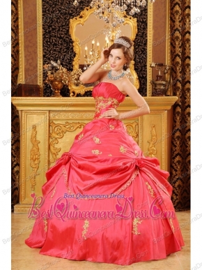 Red Ball Gown Strapless Floor-length Taffeta Beading and Appliques Quinceanera Dress