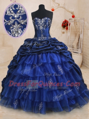 Discount Sleeveless With Train Beading and Ruffled Layers and Pick Ups Lace Up Quince Ball Gowns with Royal Blue Brush Train