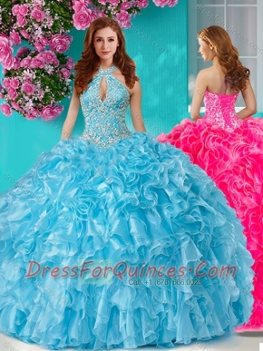 Pretty Beaded and Ruffled Big Puffy Quinceanera Gown with Halter Top