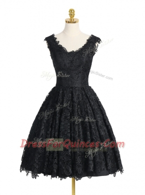 Knee Length Black Prom Evening Gown Lace Sleeveless Lace