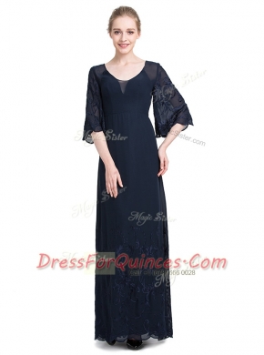 High End Floor Length Empire Half Sleeves Navy Blue Zipper