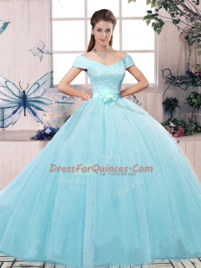 Best Aqua Blue Short Sleeves Floor Length Lace and Hand Made Flower Lace Up Sweet 16 Quinceanera Dress