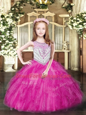 Eye-catching Sleeveless Floor Length Beading and Ruffles Zipper Pageant Gowns For Girls with Fuchsia