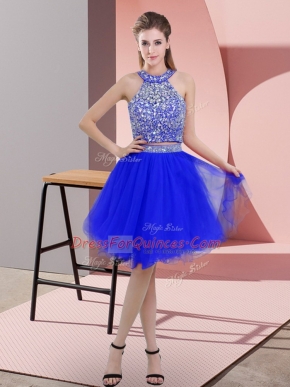 Royal Blue Sleeveless Knee Length Beading Backless Homecoming Dress