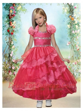 Beautiful A-line Straps Ankle-length Red Little Girl Pageant Dress with Beading