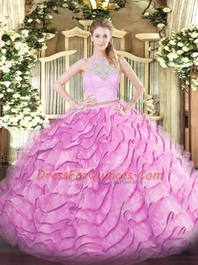 Two Pieces Sleeveless Rose Pink Sweet 16 Quinceanera Dress Brush Train Zipper