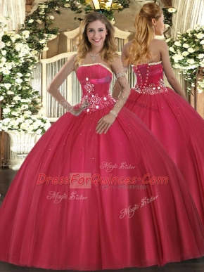 Discount Strapless Sleeveless Sweet 16 Dress Floor Length Beading Red Tulle
