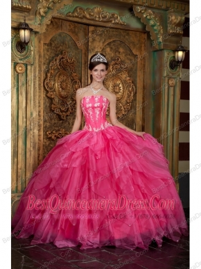 Gorgeous Ball Gown Strapless Floor-length Appliques Organza Hot Pink Quinceanera Dress