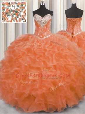 Sweetheart Sleeveless Organza Vestidos de Quinceanera Beading and Ruffles Lace Up