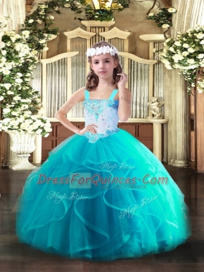 Aqua Blue Straps Neckline Beading and Ruffles Pageant Gowns Sleeveless Lace Up