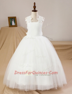White Flower Girl Dress Party and Wedding Party and For with Lace and Appliques Square Sleeveless Criss Cross