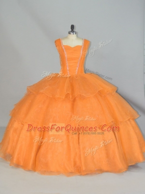 Pretty Organza Straps Sleeveless Lace Up Beading and Ruffled Layers and Ruching 15th Birthday Dress in Orange