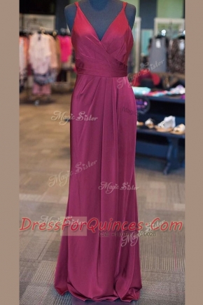 Sweet Burgundy Zipper V-neck Ruching and Pleated Prom Dresses Elastic Woven Satin Sleeveless