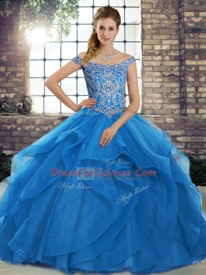 Superior Beading and Ruffles Quinceanera Dress Blue Lace Up Sleeveless Brush Train
