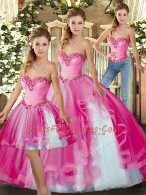 Fuchsia Organza Lace Up Sweetheart Sleeveless Floor Length Sweet 16 Quinceanera Dress Ruffles