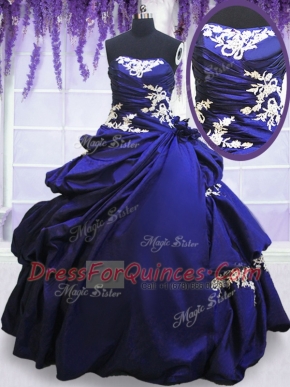 Unique Appliques and Pick Ups Ball Gown Prom Dress Blue Lace Up Sleeveless Floor Length