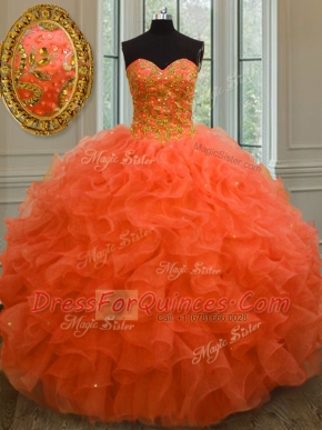 Extravagant Ball Gowns Ball Gown Prom Dress Orange Red Sweetheart Organza Sleeveless Floor Length Lace Up