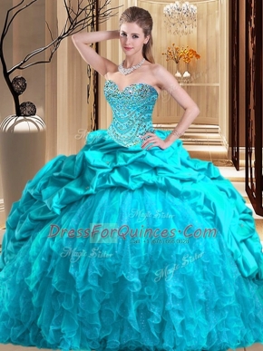Lace Up Quinceanera Dress Aqua Blue for Military Ball and Sweet 16 and Quinceanera with Beading and Ruffles Brush Train