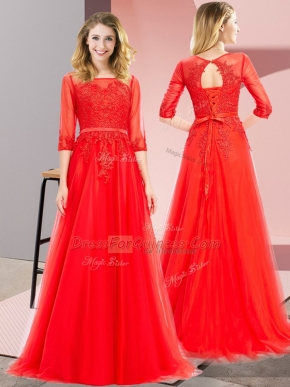 Perfect Tulle Square 3 4 Length Sleeve Lace Up Lace Prom Dresses in Red