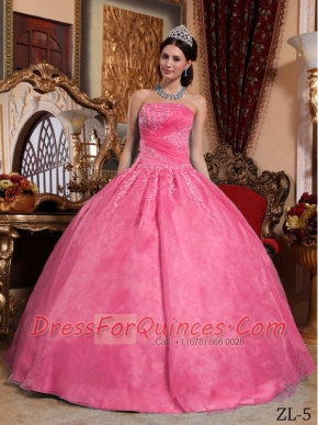 Quinceanera Dresses In Hot Pink Ball Gown Strapless With Organza Appliques In Classical Style