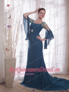 Navy Blue Column / Sheath Square Brush Train Chiffon Prom Dress
