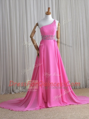 Edgy Rose Pink Column/Sheath Chiffon One Shoulder Sleeveless Beading Lace Up Evening Dress Brush Train