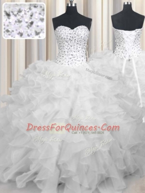 Ball Gowns Sweet 16 Dress White Sweetheart Organza Sleeveless Floor Length Lace Up