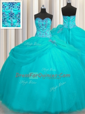 Simple Puffy Skirt Aqua Blue Ball Gowns Sweetheart Sleeveless Organza Floor Length Lace Up Beading Quinceanera Gowns