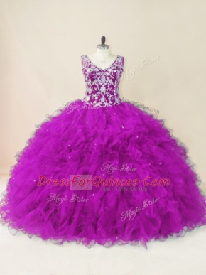 Eye-catching Fuchsia V-neck Neckline Beading Ball Gown Prom Dress Sleeveless Backless