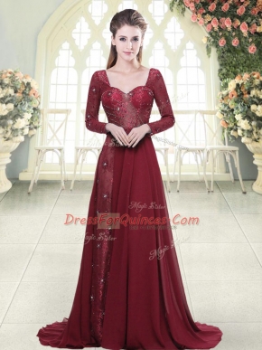 Sweetheart Long Sleeves Homecoming Dress Brush Train Beading and Appliques Burgundy Chiffon