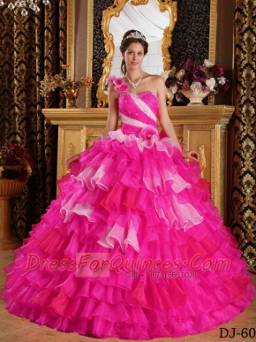 Sweetheart Ball Gown Beadings and Ruffles Hot Pink and White One Shoulder 2014 Spring Quinceanera Dresses